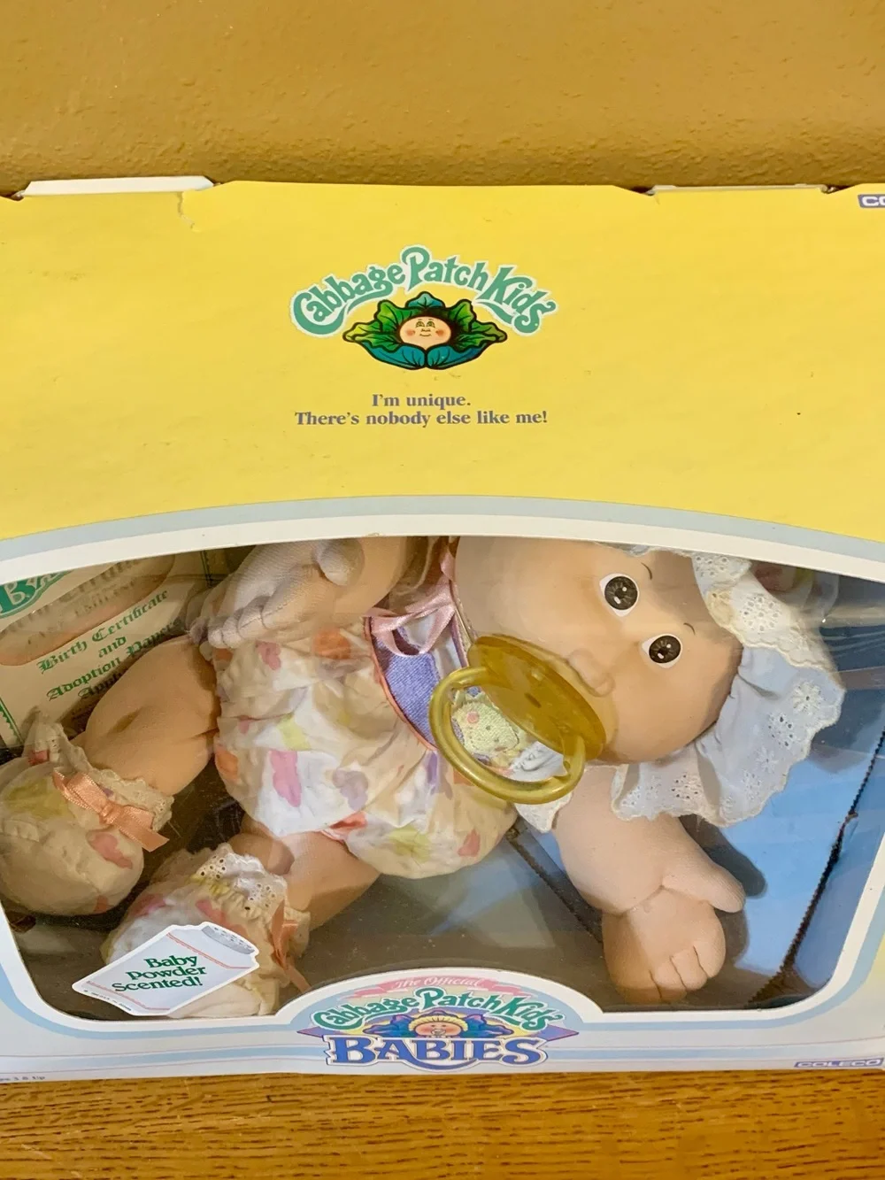 Vintage Cabbage Patch Kids Baby Doll With Pacifier In Box Babies LANE EMILINE